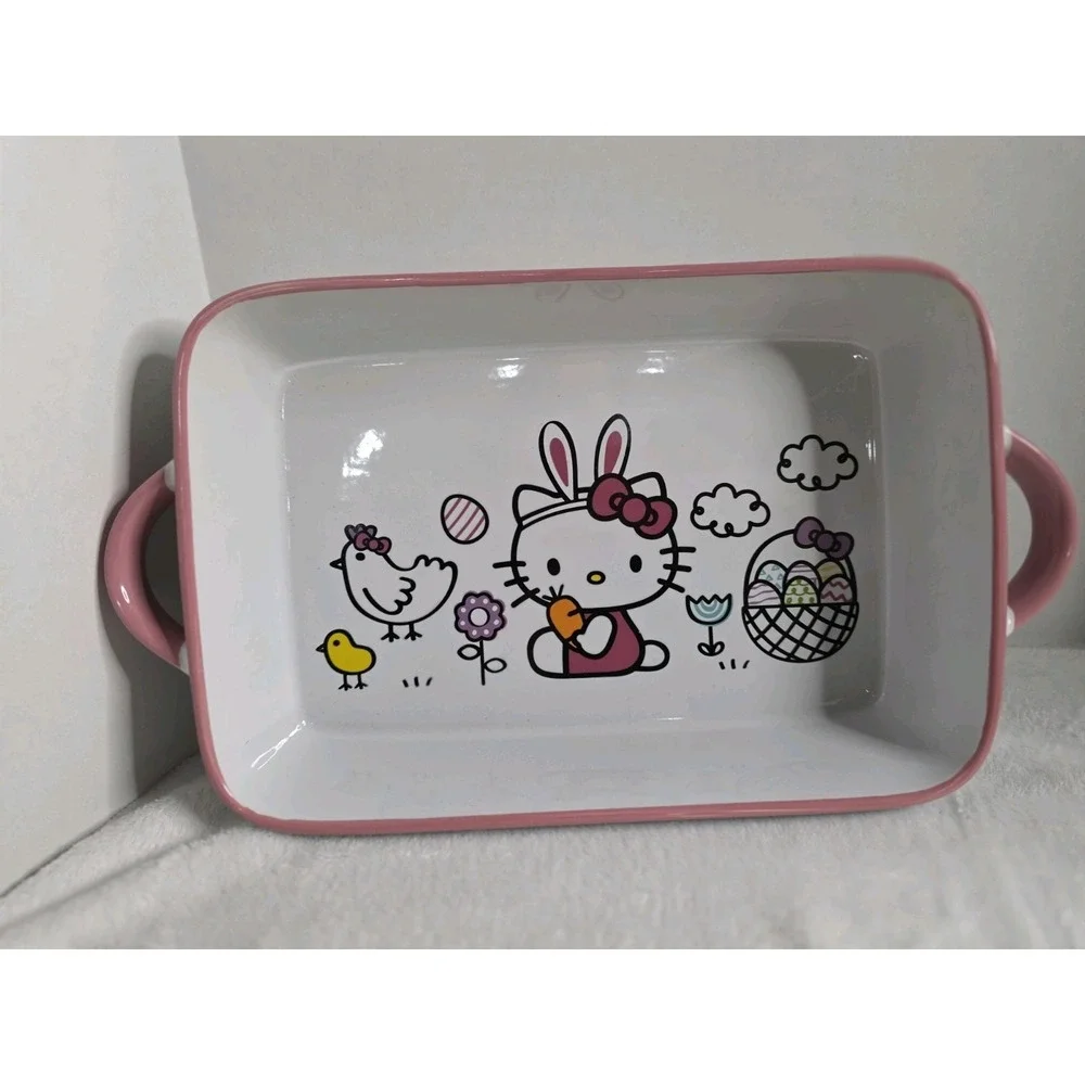 Hello Kitty Easter Ceramic Baking Dish Pink White Bunny Sanrio Casserole Pan